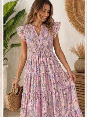 Cottagecore Pink Floral Smocked Midi Dress Boho Tiered Ruffle Spring Summer 12